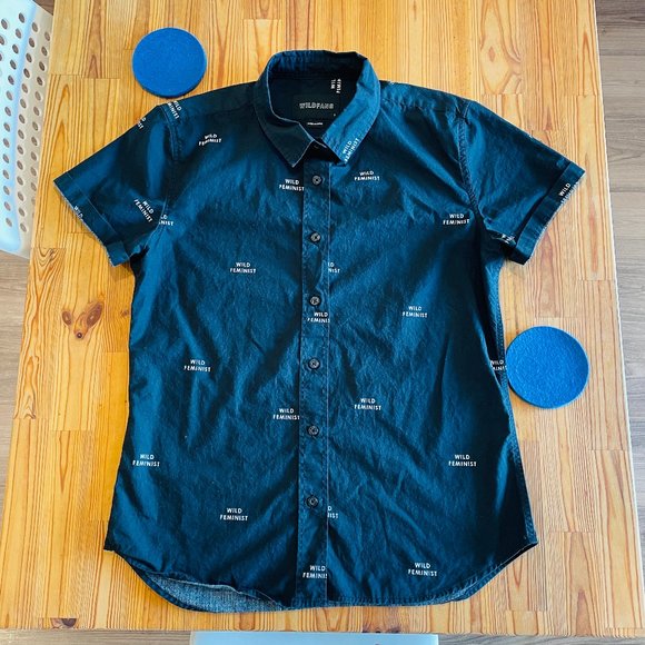Wildfang Black Wild Feminist Short Sleeve Button Down Shirt Size S - Picture 3 of 11